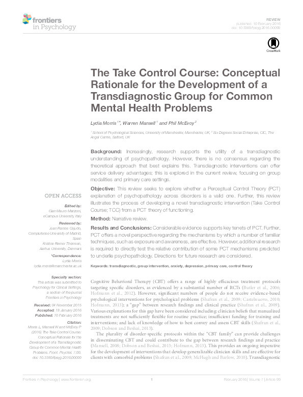 The Take Control Course : conceptual rationale for the development of a transdiagnostic group for common mental health problems Thumbnail