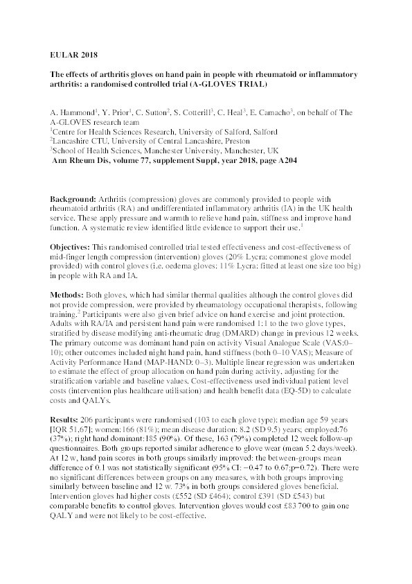 The effects of arthritis gloves on hand pain in people with rheumatoid or inflammatory arthritis : a randomised controlled trial (A-GLOVES TRIAL) Thumbnail