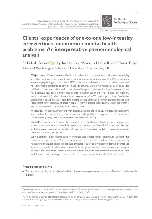 Clients’ experiences of one-to-one low-intensity interventions for common mental health problems : an interpretative phenomenological analysis Thumbnail