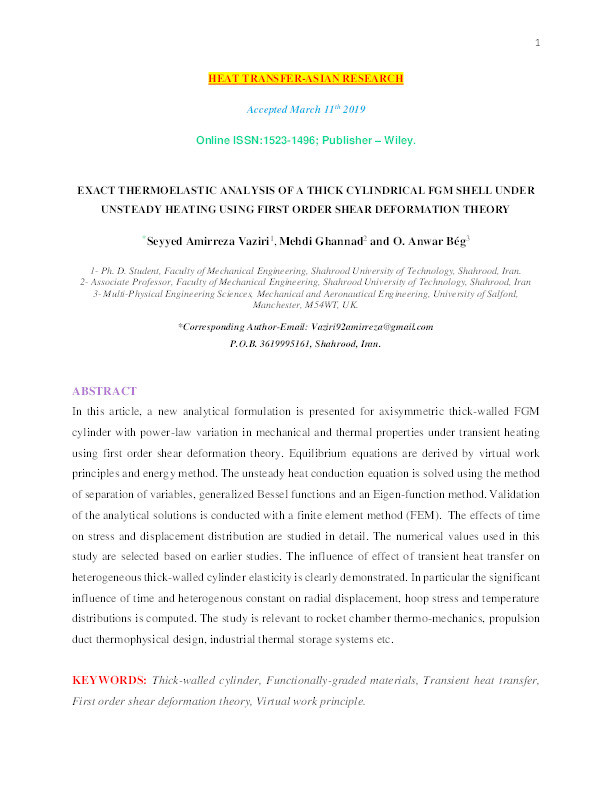 Exact thermoelastic analysis of a thick cylindrical functionally graded material shell under unsteady heating using first order shear deformation theory Thumbnail