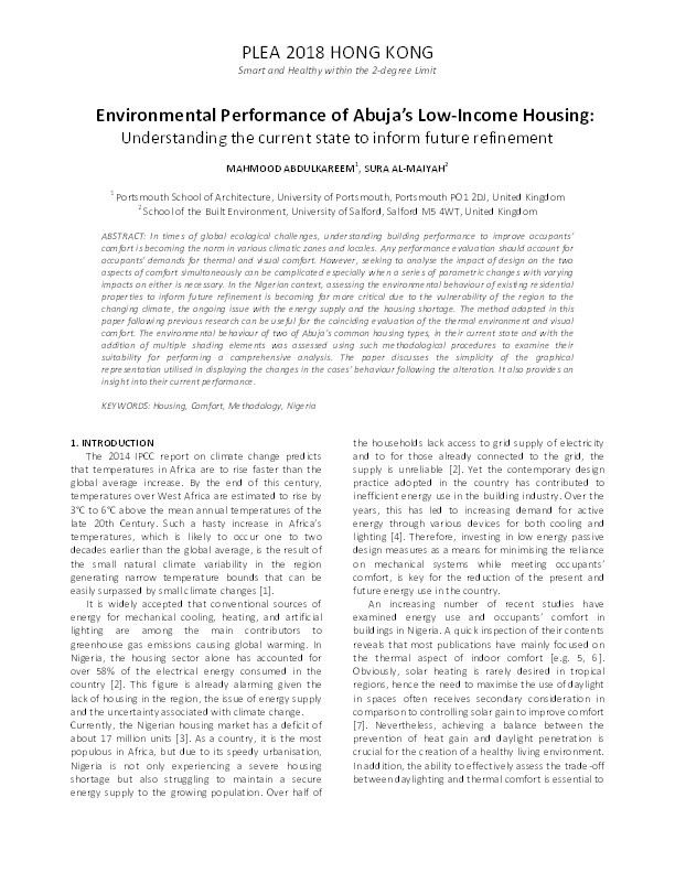 Environmental performance of Abuja’s low-income housing : understanding the current state to inform future refinement Thumbnail