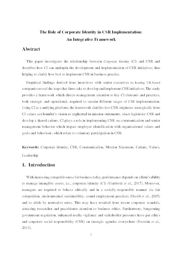 The role of corporate identity in CSR implementation : an integrative framework Thumbnail