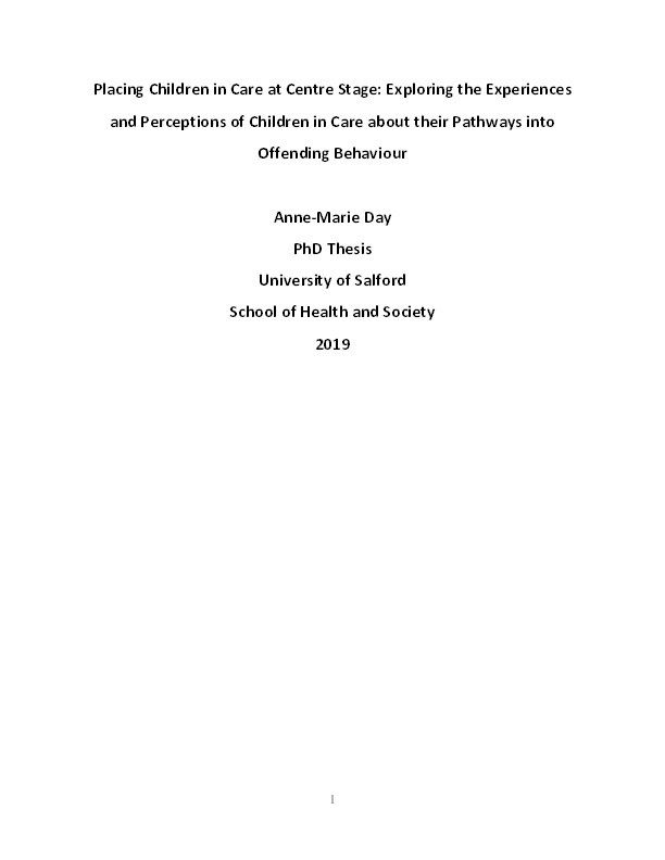 Placing children in care at centre stage : exploring the experiences and perceptions of children in care about their pathways into offending behaviour Thumbnail