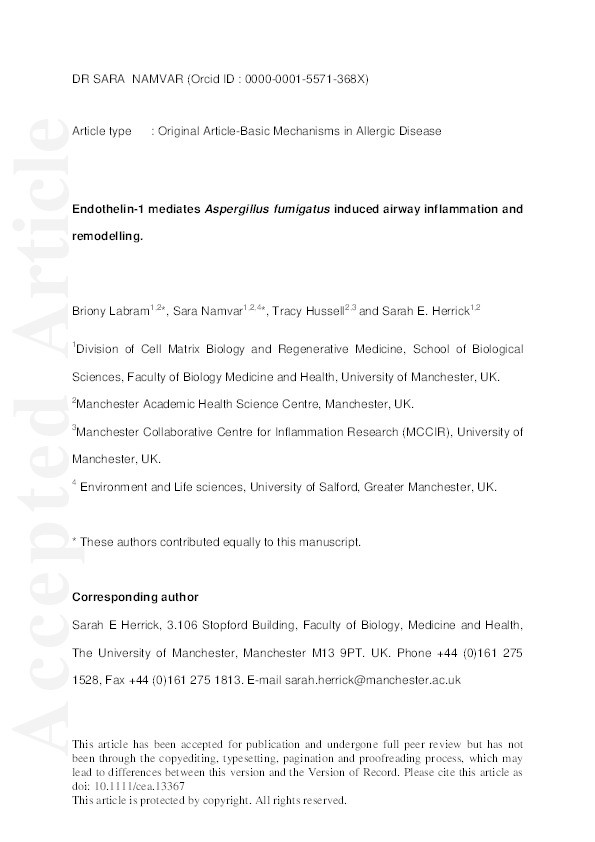 Endothelin-1 mediates Aspergillus fumigatus induced airway inflammation and remodelling Thumbnail
