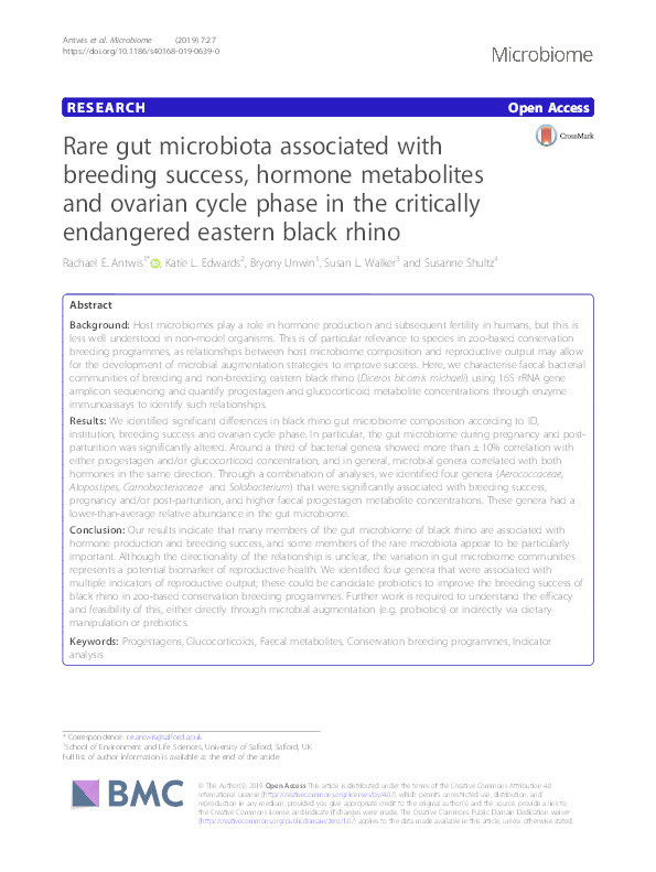 Rare gut microbiota associated with breeding success, hormone metabolites and ovarian cycle phase in the critically endangered eastern black rhino Thumbnail