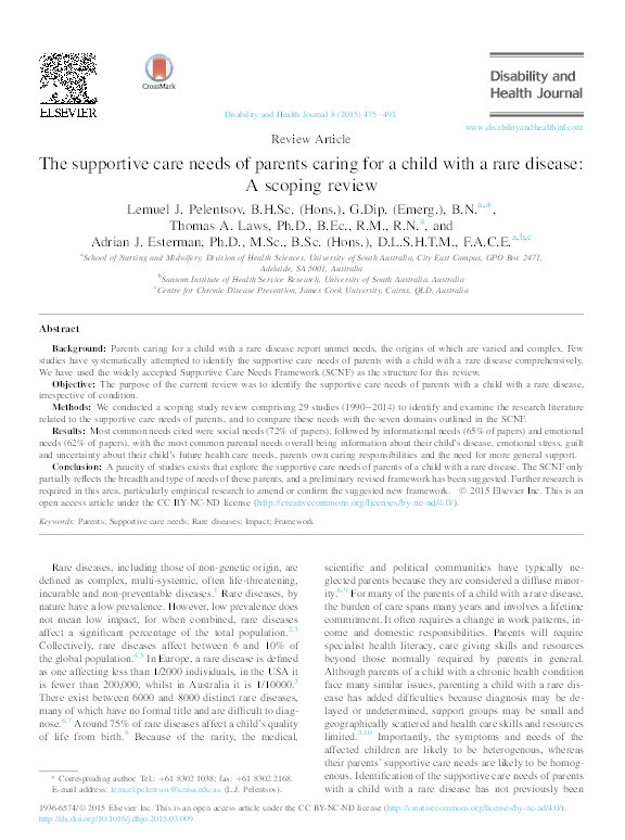 The supportive care needs of parents caring for a child with a rare disease : a scoping review Thumbnail
