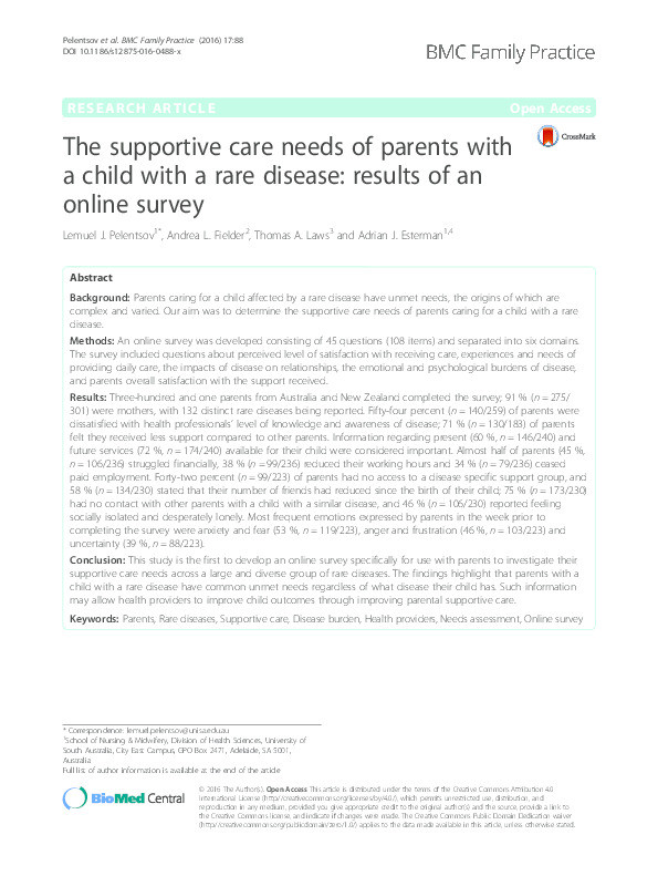 The supportive care needs of parents with a child with a rare disease : results of an online survey Thumbnail