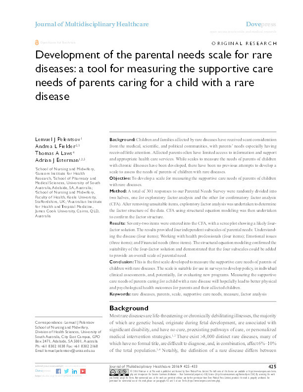 Development of the parental needs scale for rare diseases : a tool for measuring the supportive care needs of parents caring for a child with a rare disease Thumbnail
