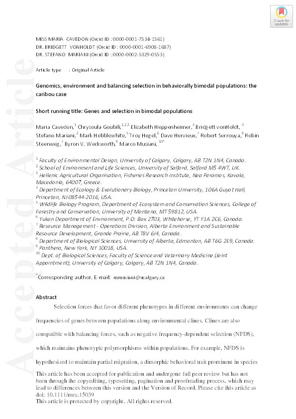 Genomics, environment and balancing selection in behaviorally bimodal populations : the caribou case Thumbnail