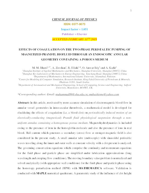 Effects of coagulation on the two-phase peristaltic pumping of magnetized Prandtl biofluid through an endoscopic annular geometry containing a porous medium Thumbnail