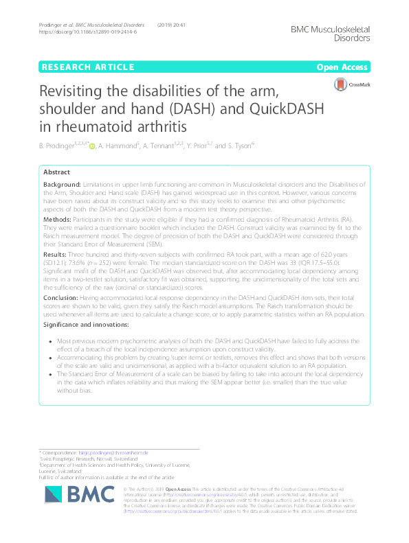 Revisiting the disabilities of the arm, shoulder and hand (DASH) and QuickDASH in rheumatoid arthritis Thumbnail