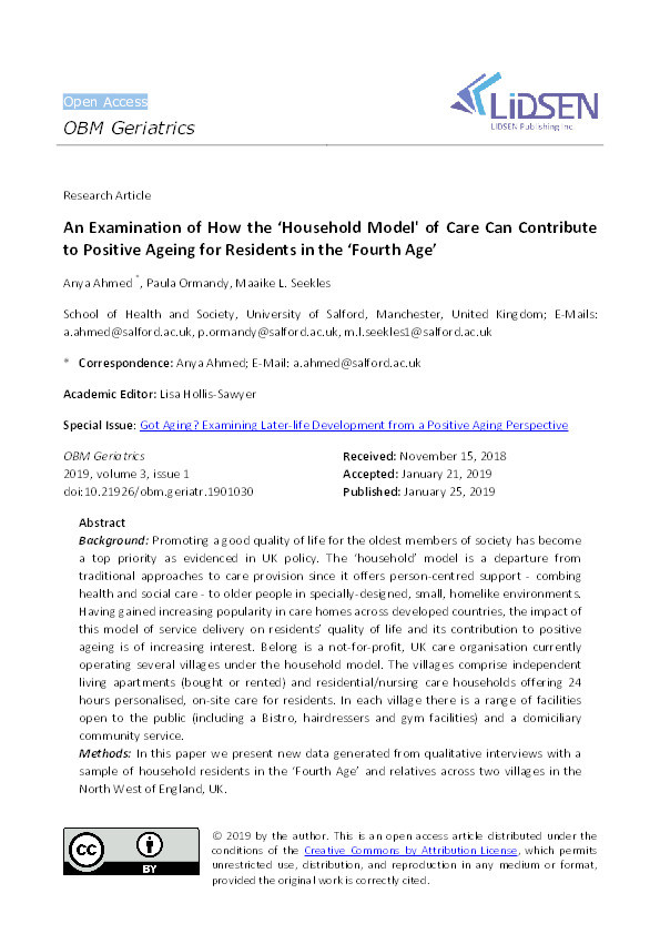 An examination of how the ‘Household Model' of care can contribute to positive ageing for residents in the ‘Fourth Age’ Thumbnail