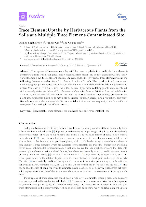 Trace element uptake by herbaceous plants from the soils at a multiple trace element-contaminated site Thumbnail