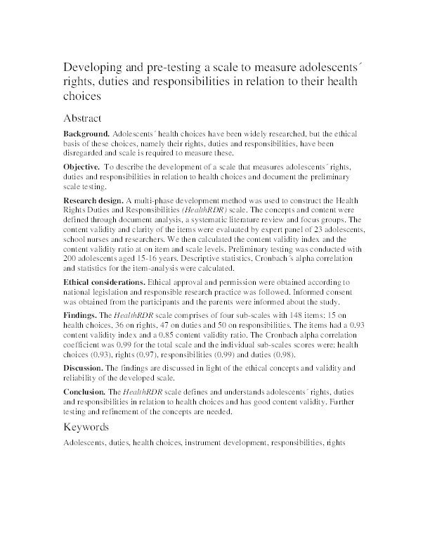 Developing a scale : adolescents' health choices related rights, duties and responsibilities Thumbnail