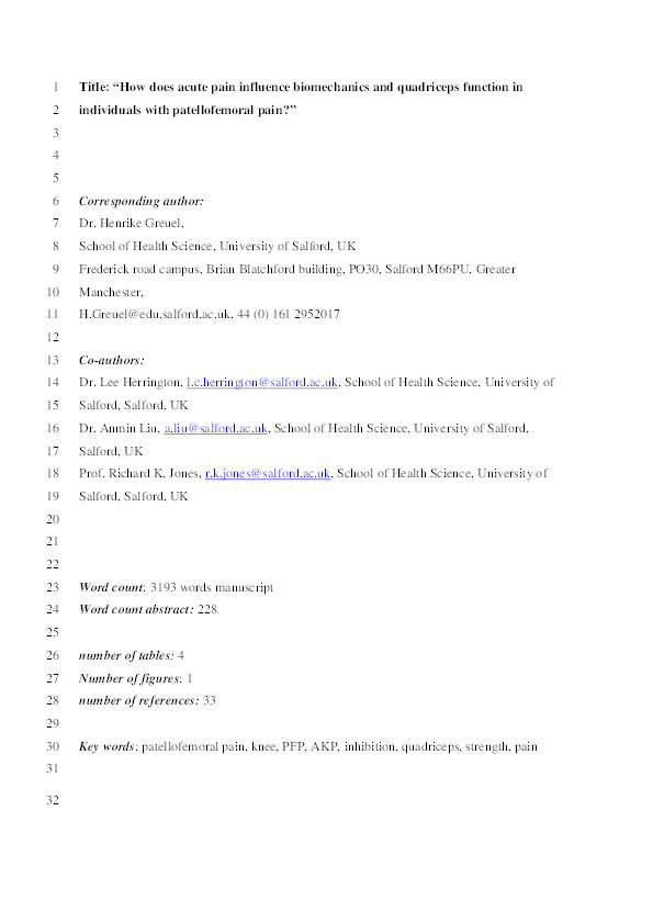 How does acute pain influence biomechanics and quadriceps function in individuals with patellofemoral pain? Thumbnail