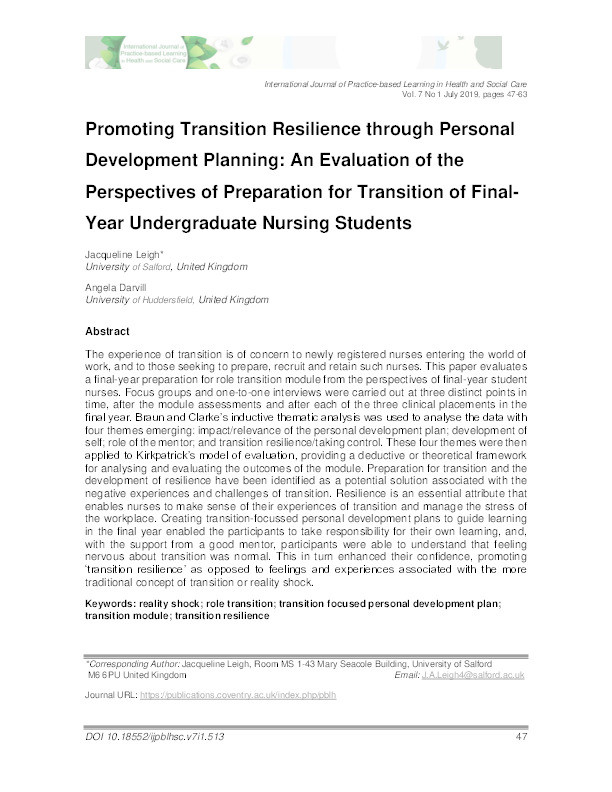 Promoting transition resilience through personal development planning : an evaluation of the perspectives of preparation for transition of final year undergraduate nursing students Thumbnail
