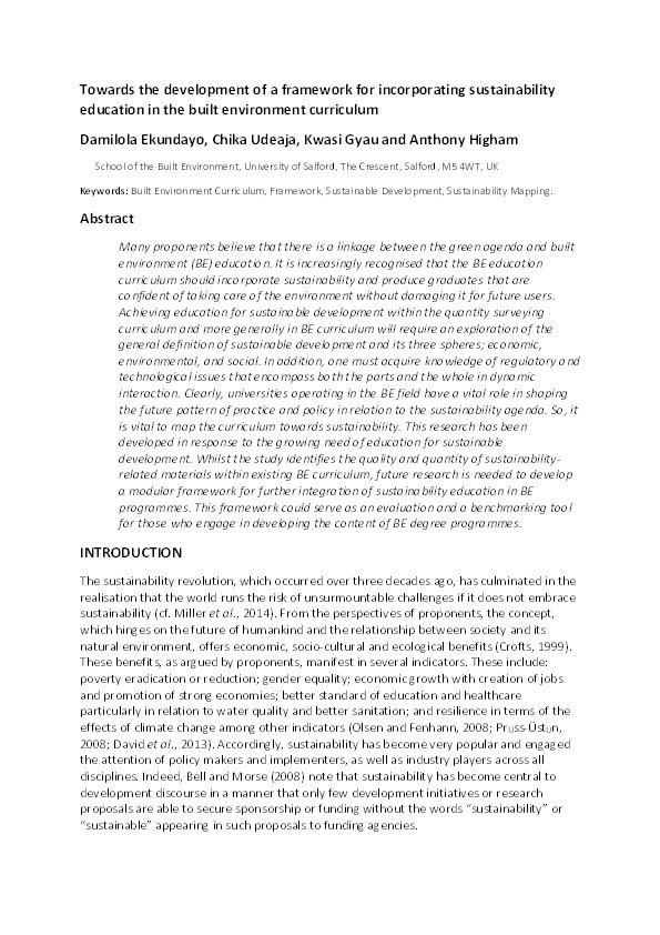 Towards the development of a framework for incorporating sustainability education in the built environment curriculum Thumbnail