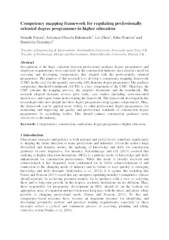 Competency mapping framework for regulating professionally oriented degree programmes in higher education Thumbnail