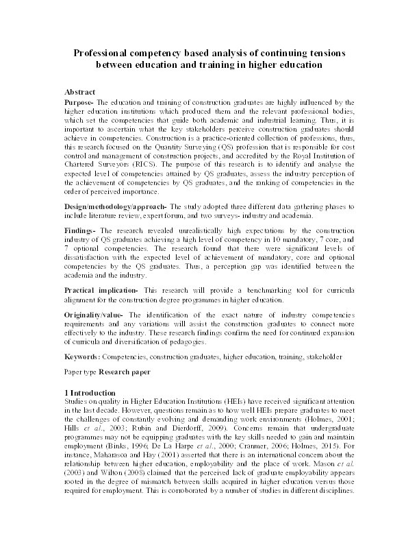 Professional competency-based analysis of continuing tensions between education and training in higher education Thumbnail