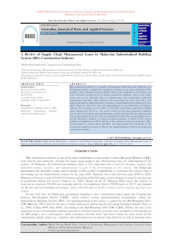 A review of supply chain management issues in Malaysian industrialised building system (IBS) construction industry Thumbnail