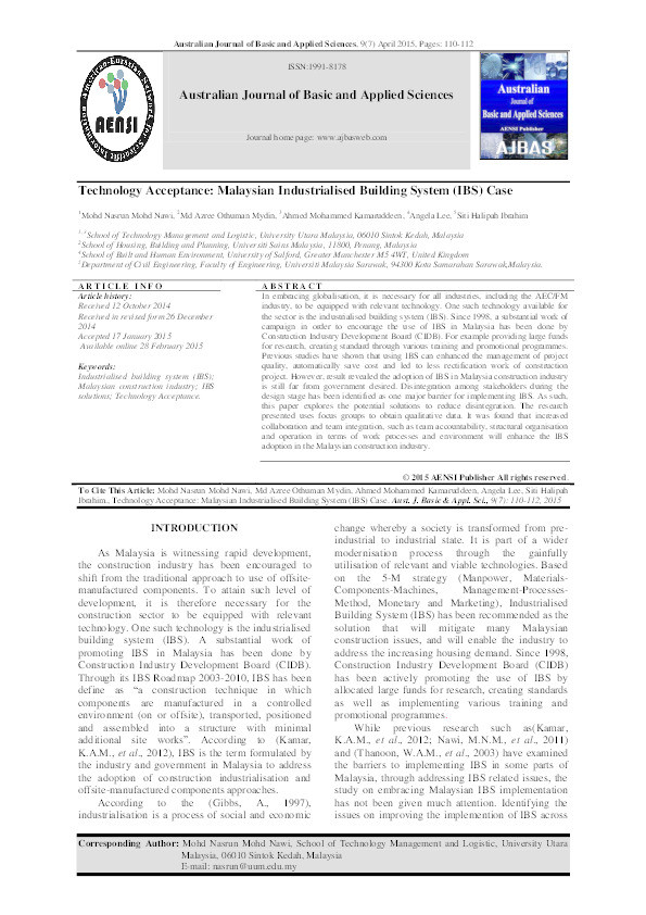 Technology acceptance : Malaysian industrialised building system (IBS) case Thumbnail