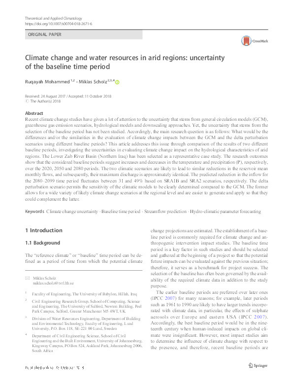 Climate change and water resources in arid regions : uncertainty of the baseline time period Thumbnail