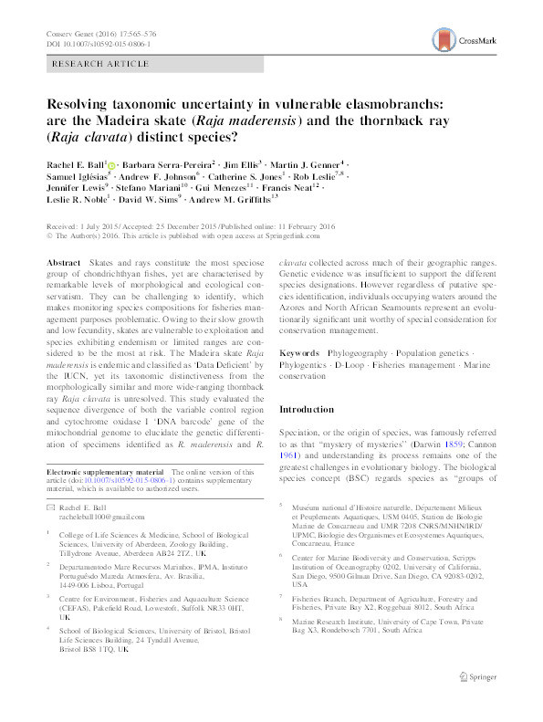 Resolving taxonomic uncertainty in vulnerable elasmobranchs : are the Madeira skate (Raja maderensis) and the thornback ray (Raja clavata) distinct species? Thumbnail