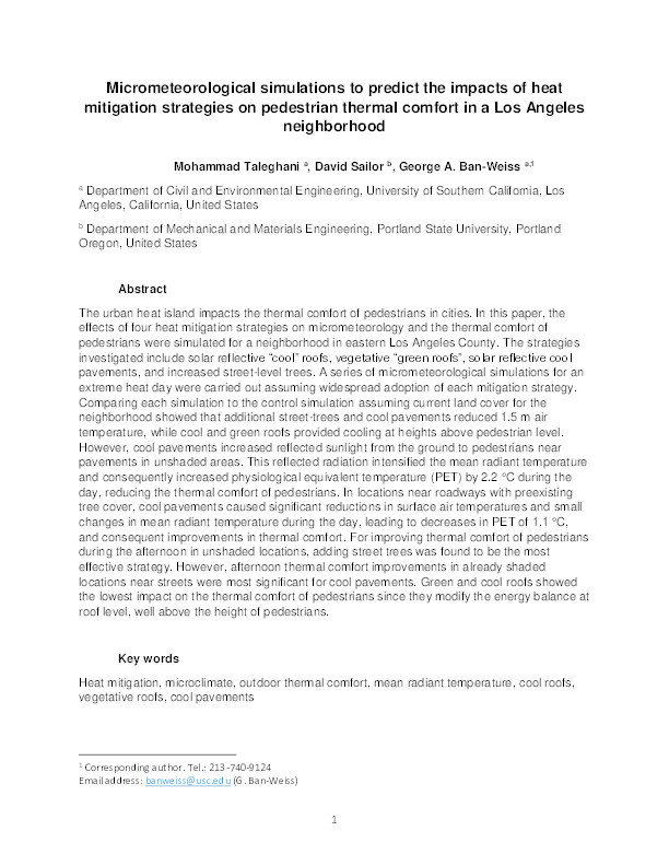 Micrometeorological simulations to predict the impacts of heat mitigation strategies on pedestrian thermal comfort in a Los Angeles neighborhood Thumbnail