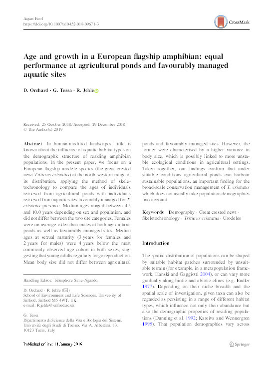 Age and growth in a European flagship amphibian : equal
performance at agricultural ponds and favourably managed
aquatic sites Thumbnail