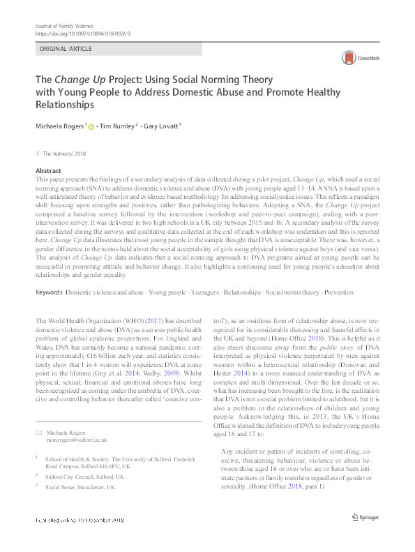 The Change Up Project : using social norming theory with young people to address domestic abuse and promote healthy relationships Thumbnail