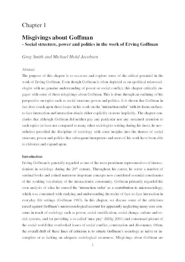 Misgivings about Goffman : social structure, power and politics in the work of Erving Goffman Thumbnail