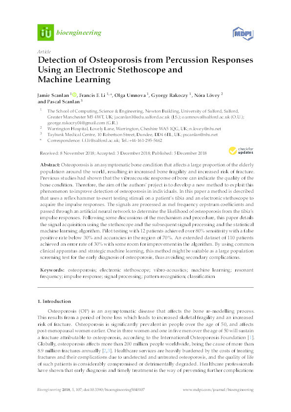 Detection of osteoporosis from percussion responses using an electronic stethoscope and machine learning Thumbnail
