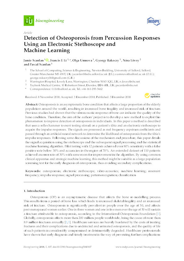 Detection of Osteoporosis from Percussion Responses Using an Electronic Stethoscope and Machine Learning Thumbnail