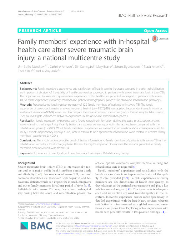 Family members' experience with in-hospital health care after severe traumatic brain injury : a national multicentre study. Thumbnail