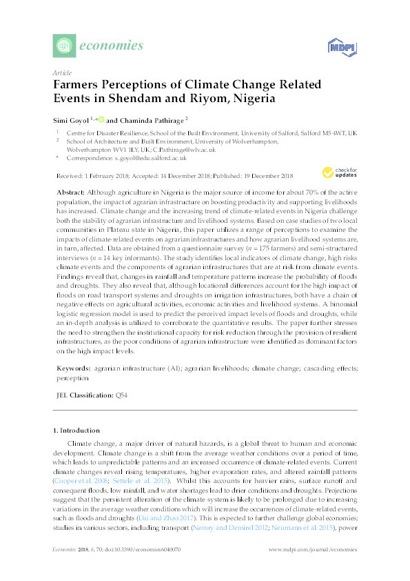 Farmers perceptions of climate change related events in Shendam and Riyom, Nigeria Thumbnail