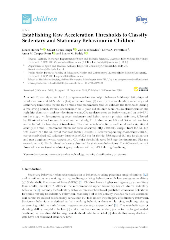 Establishing raw acceleration thresholds to classify sedentary and stationary behaviour in children Thumbnail