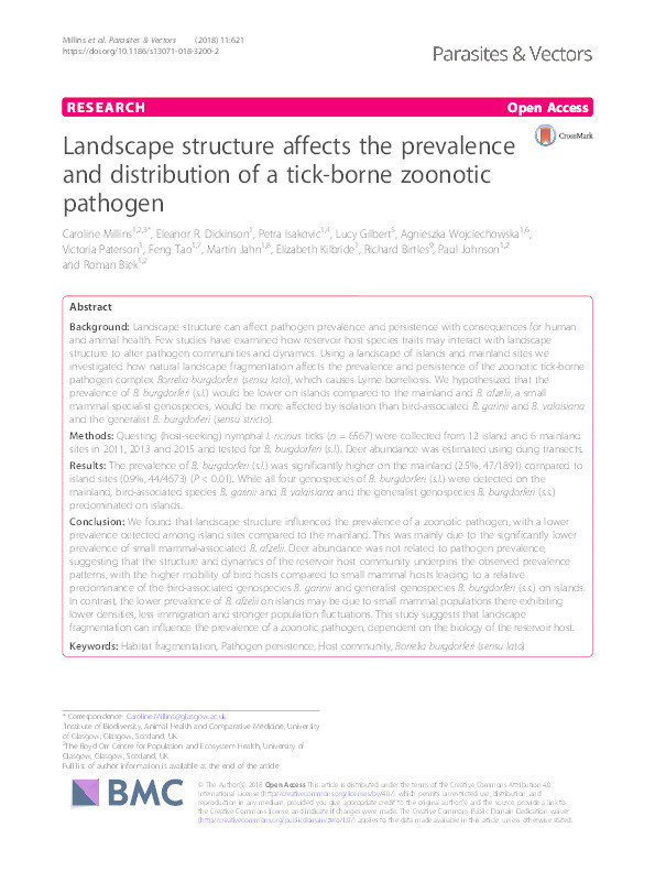 Landscape structure affects the prevalence and distribution of a tick-borne zoonotic pathogen Thumbnail