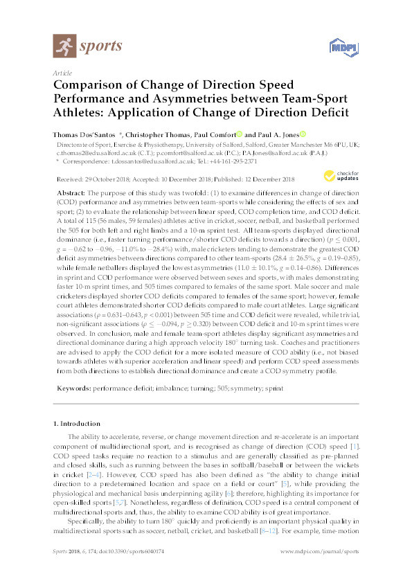 Comparison of change of direction speed performance and asymmetries between team-sport athletes : application of change of direction deficit Thumbnail