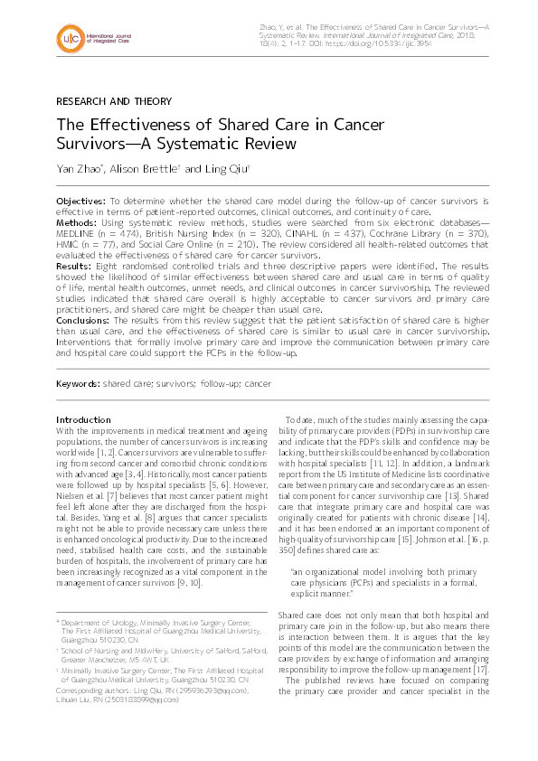The effectiveness of shared care in cancer survivors - a systematic review Thumbnail