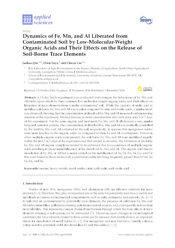 Dynamics of Fe, Mn, and Al liberated from
contaminated soil by low-molecular-weight
organic acids and their effects on the release of
soil-borne trace elements Thumbnail