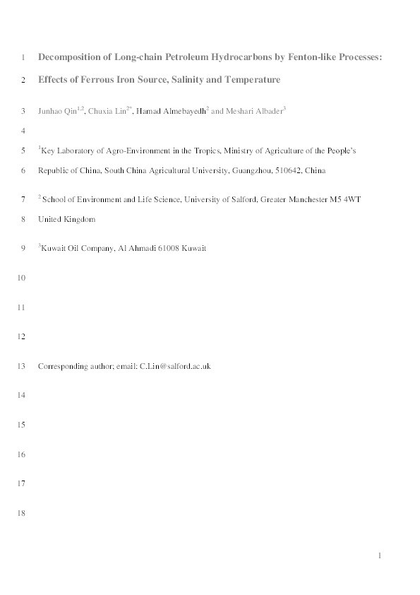Decomposition of long-chain petroleum hydrocarbons by Fenton‐like processes : effects of ferrous iron source, salinity and temperature Thumbnail