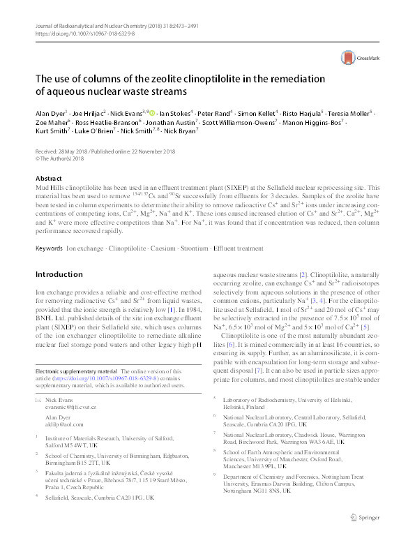 The use of columns of the zeolite clinoptilolite in the remediation of aqueous nuclear waste streams Thumbnail