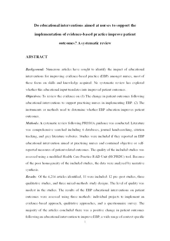 Do educational interventions aimed at nurses to support the implementation of evidence-based practice improve patient outcomes? A systematic review Thumbnail