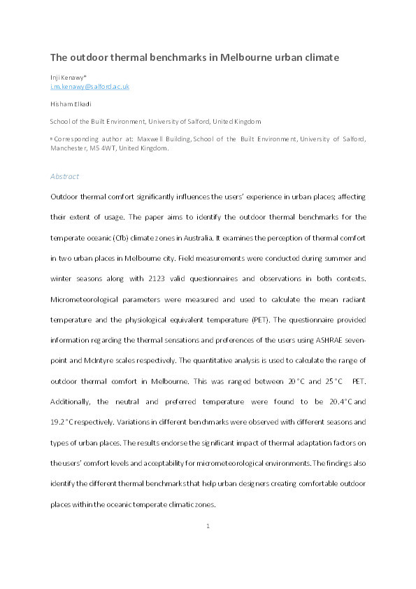 The outdoor thermal benchmarks in Melbourne urban climate Thumbnail