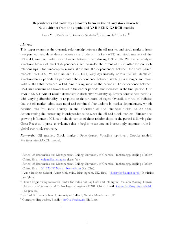 Dependences and volatility spillovers between the oil and stock markets : New evidence from the copula and VAR-BEKK-GARCH models Thumbnail