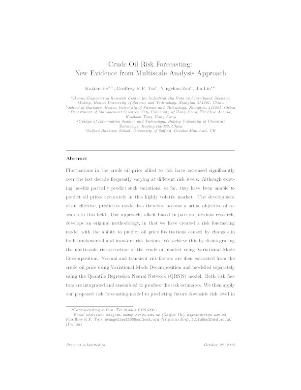 Crude oil risk forecasting : new evidence from multiscale analysis approach Thumbnail