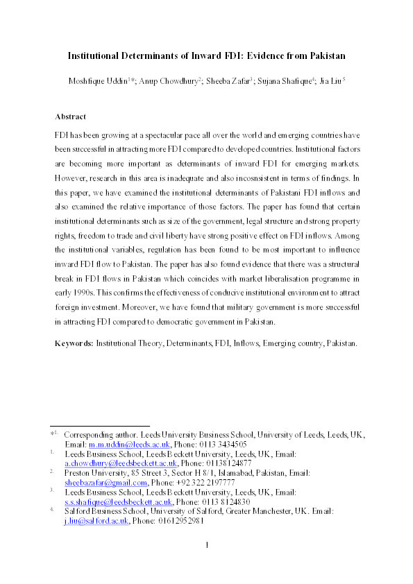 Institutional determinants of inward FDI : evidence from Pakistan Thumbnail