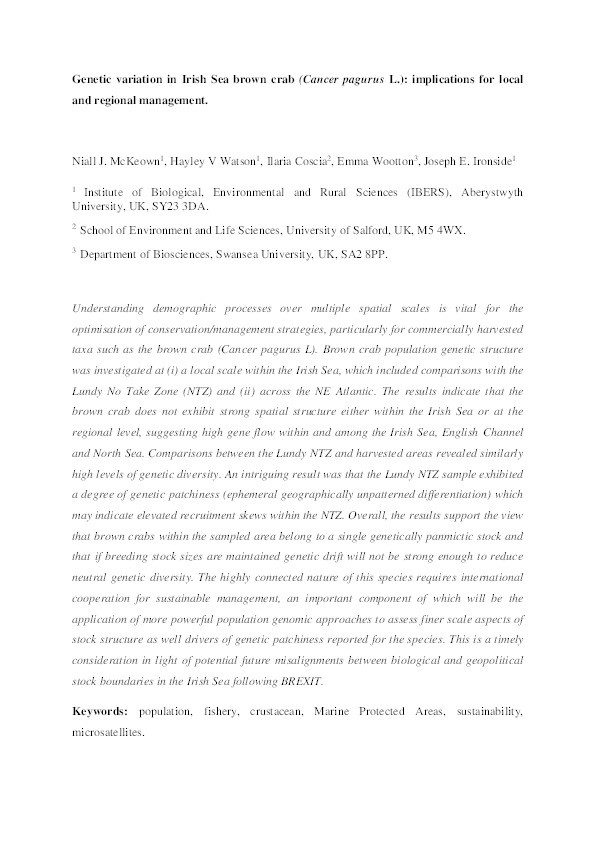 Genetic variation in Irish Sea brown crab (Cancer pagurus L.) : implications for local and regional management Thumbnail