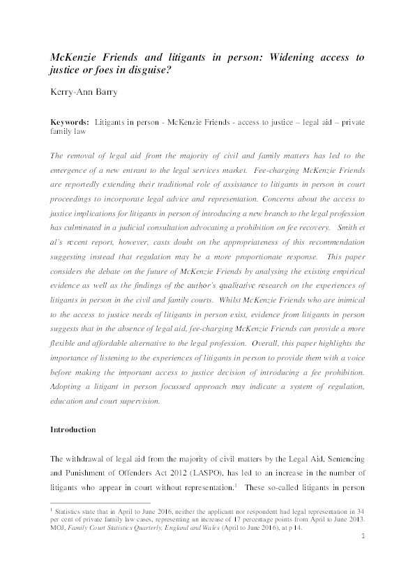 McKenzie Friends and litigants in person : widening access to
justice or foes in disguise? Thumbnail