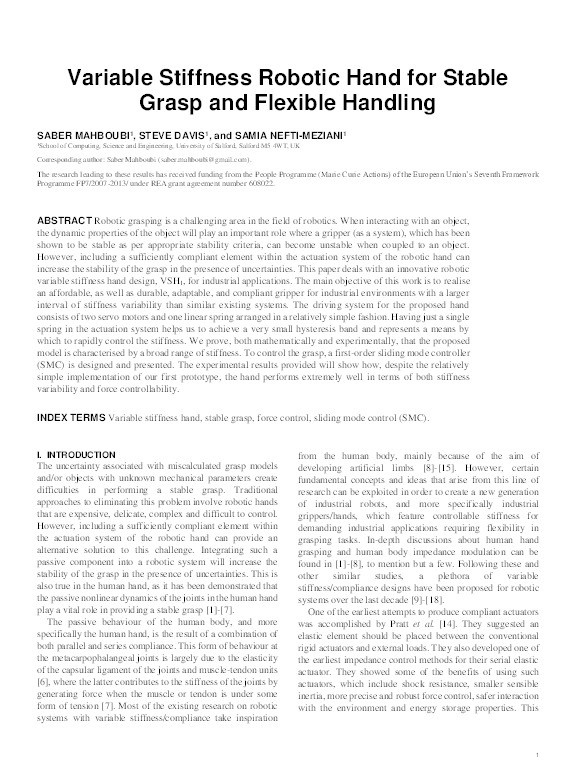 Variable stiffness robotic hand for stable grasp and flexible handling Thumbnail